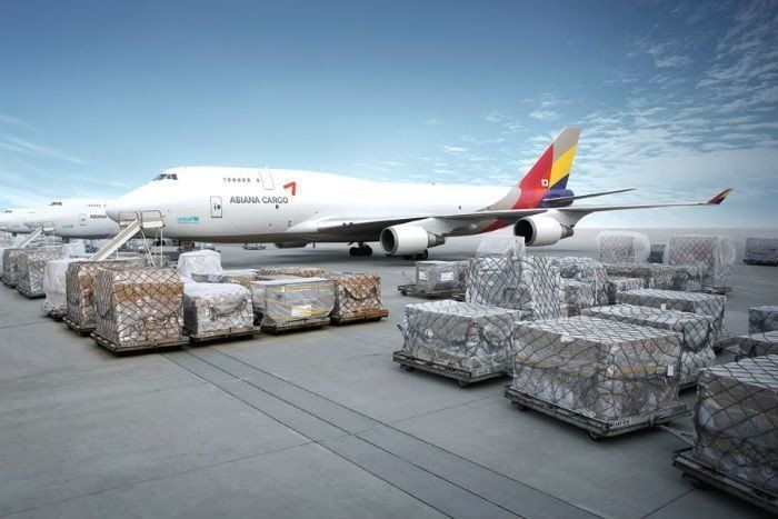 Air freight pallets beside a cargo aircraft
