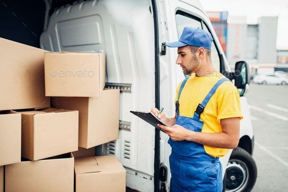 Courier collecting a parcel for delivery